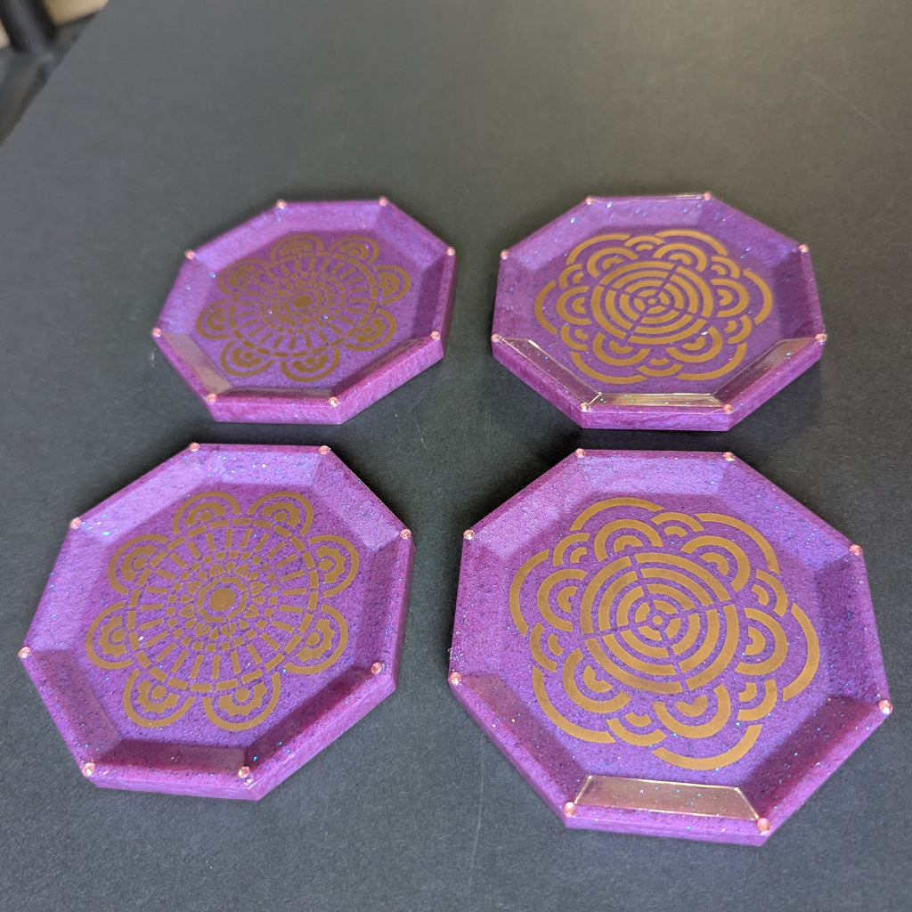 Purple Gold Mandala Coasters – Set of 4