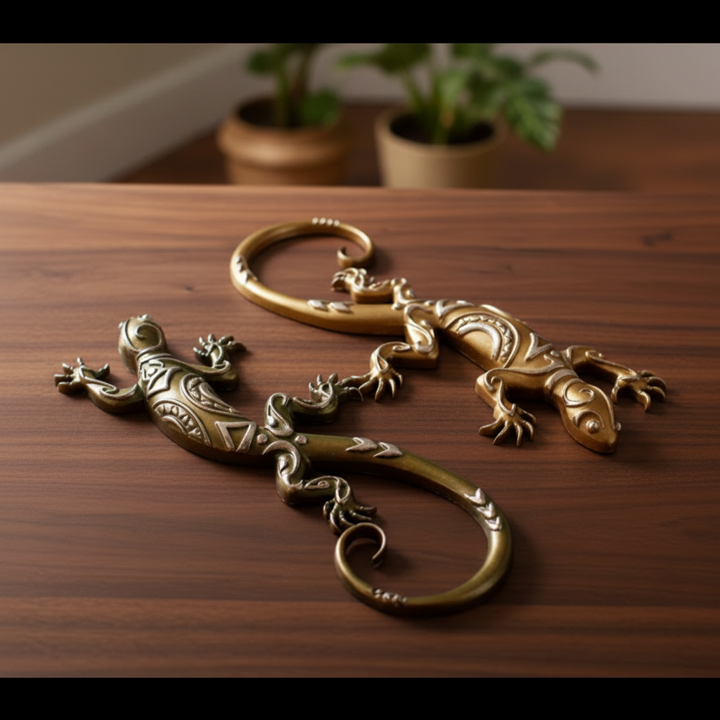 Handcrafted Tribal Resin Gecko Duo on dark walnut wood surface