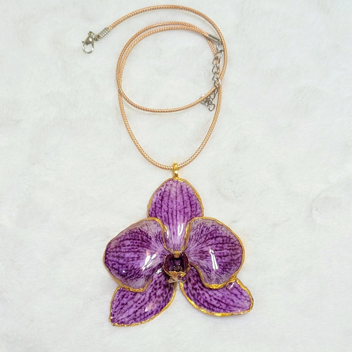 Natural Orchid Gold-Tone Edged Flower Pendant