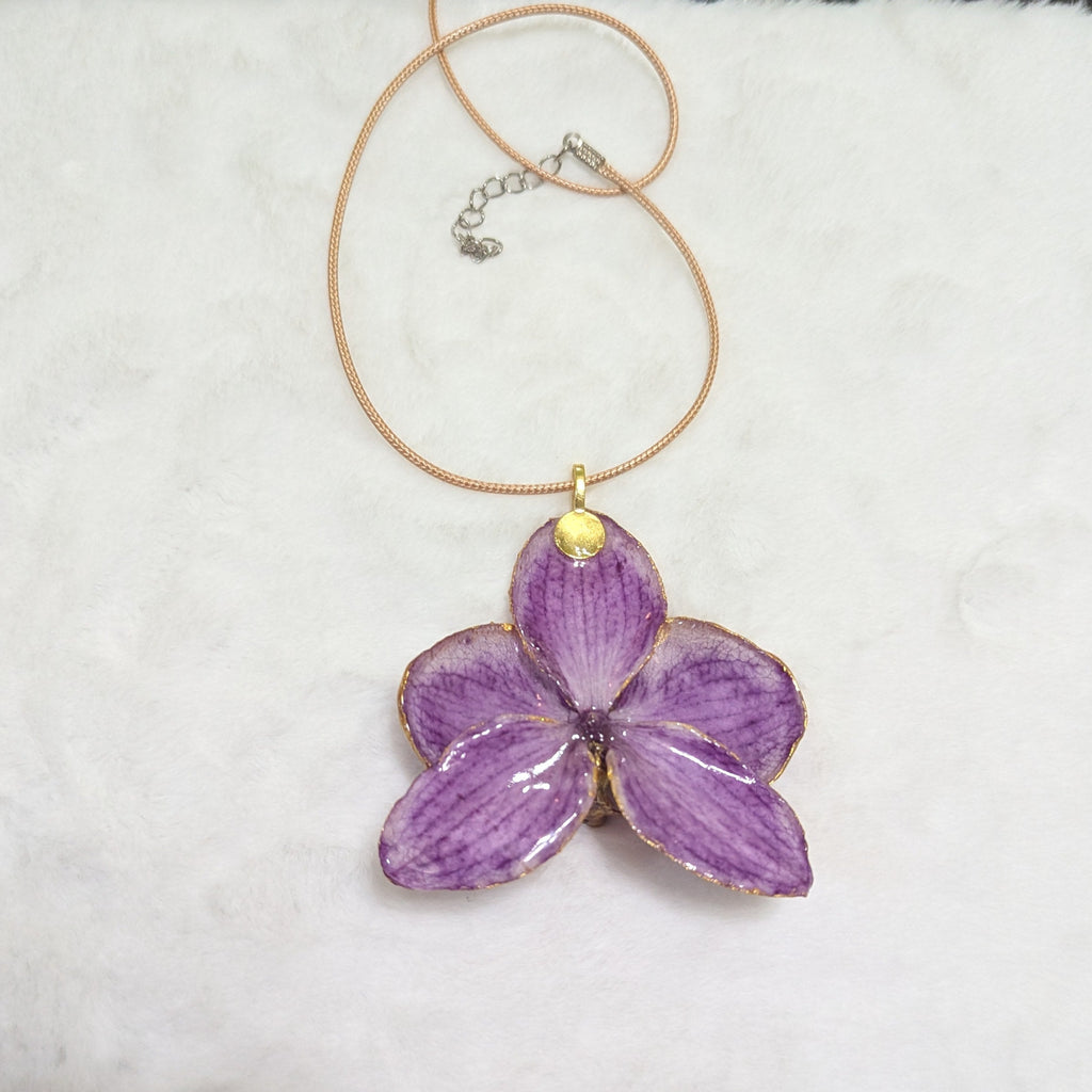 Natural Orchid Gold-Tone Edged Flower Pendant