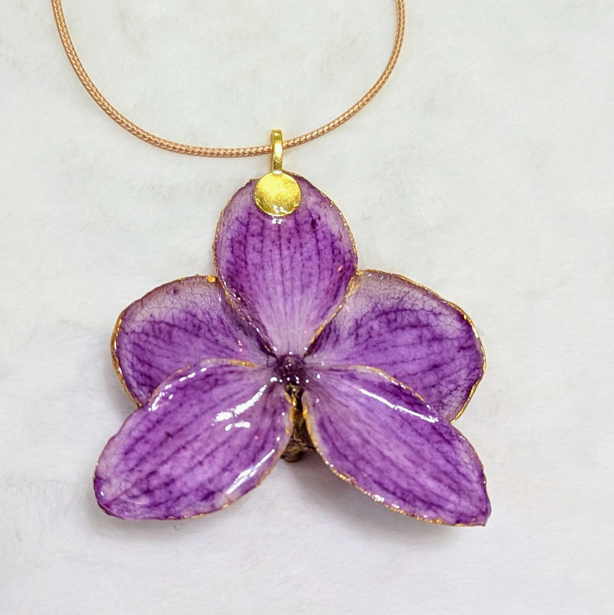 Natural Orchid Gold-Tone Edged Flower Pendant