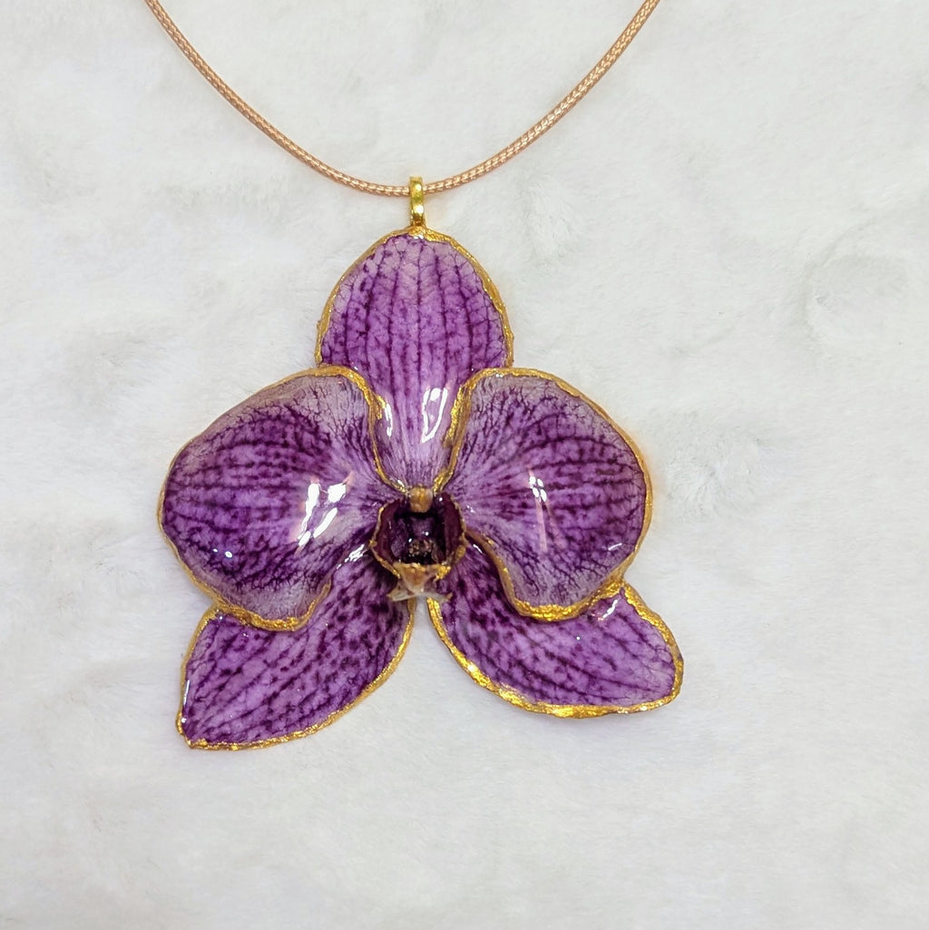 Natural Orchid Gold-Tone Edged Flower Pendant