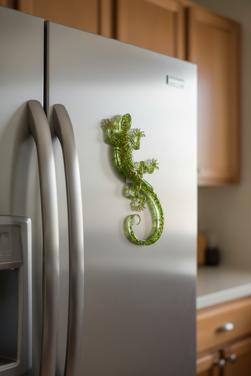Handmade Resin Salamander Magnet — Emerald Green Glitter Art Sculpture