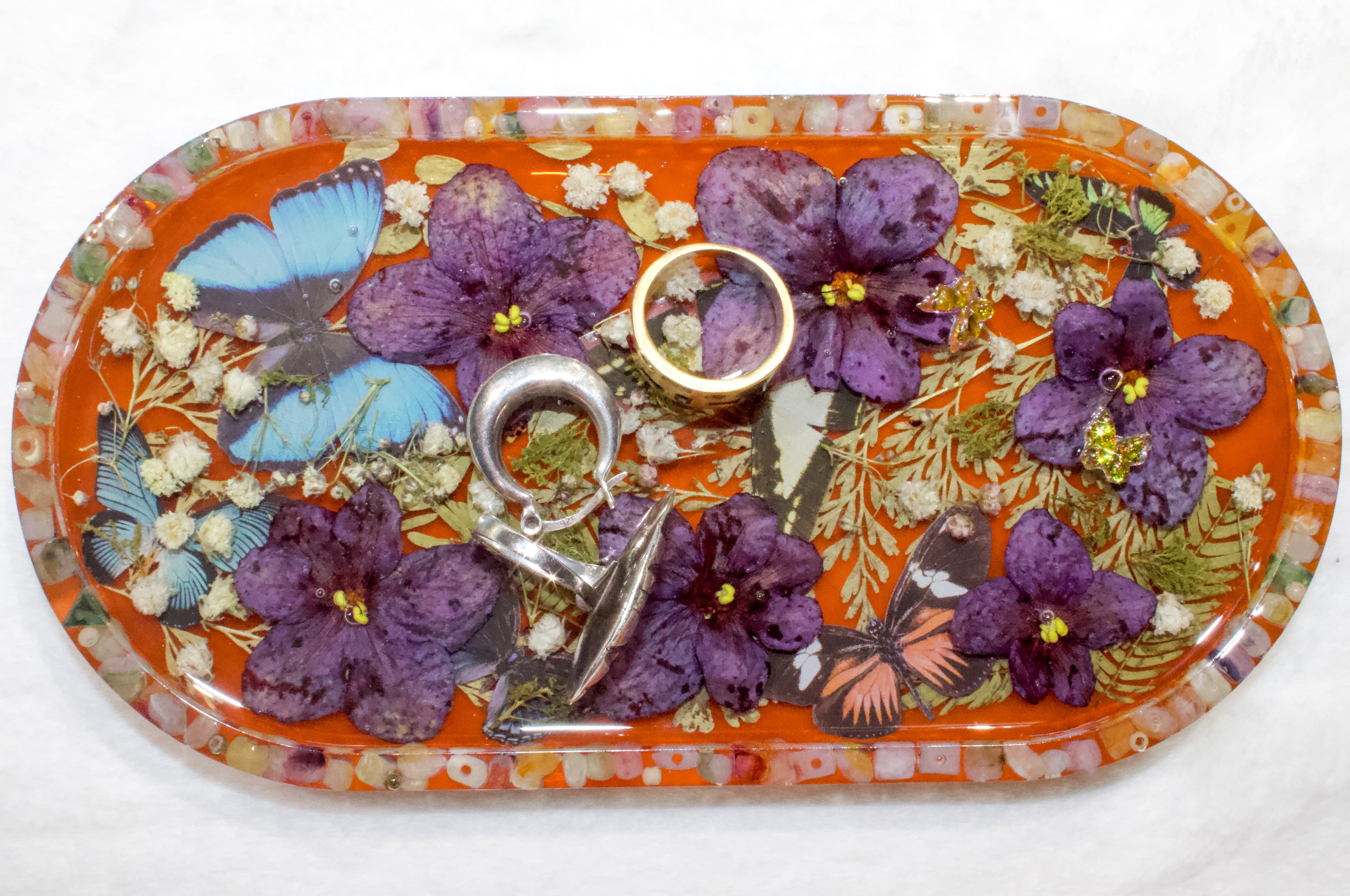 Handmade Art Resin Tray – Purple Florals & Butterflies