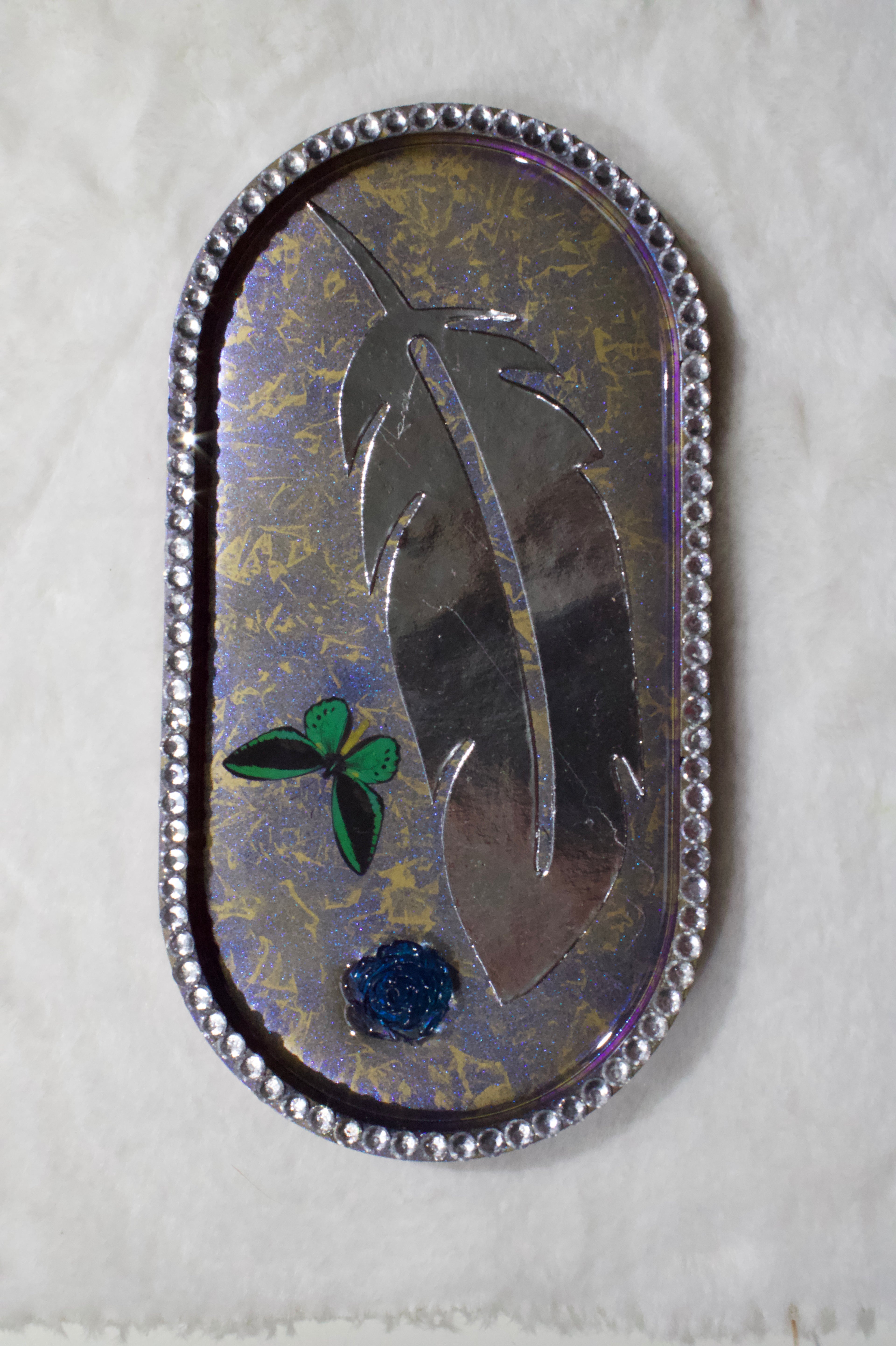 Silver Feather Iridescent Resin Tray — Handcrafted Oval Tray