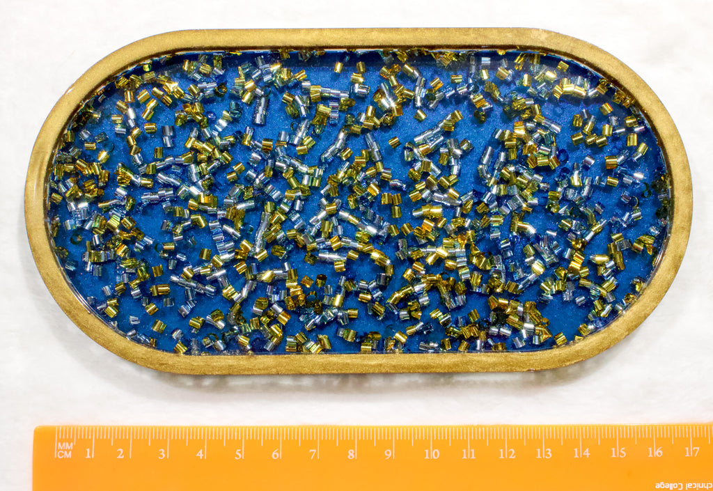 Royal Blue & Gold Beaded Resin Tray — Handcrafted Oval Tray