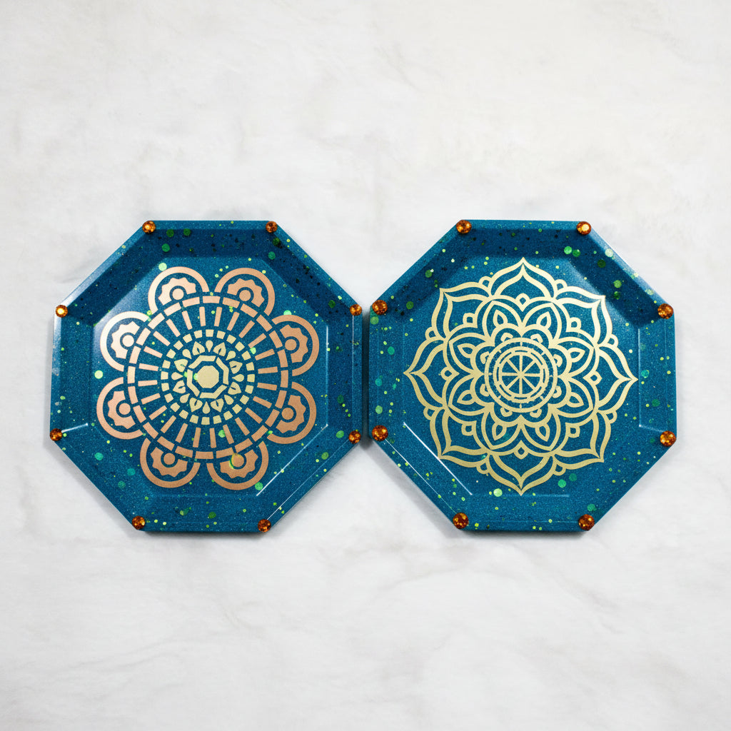 Aqua Teal Glitter Gold Mandala Resin Coasters – Set of 4