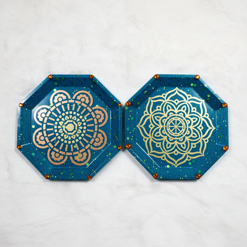 Aqua Teal Glitter Gold Mandala Resin Coasters – Set of 4