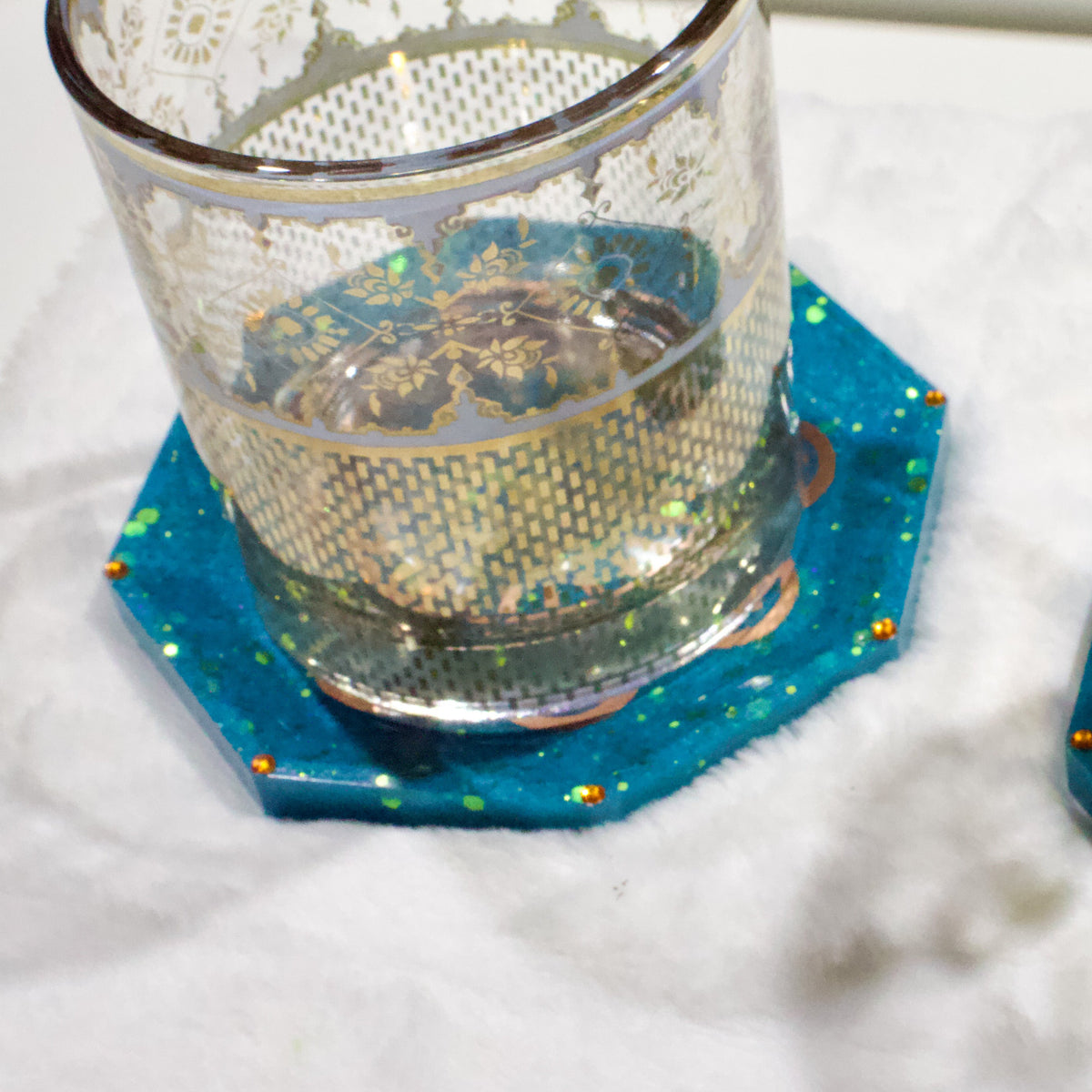 Aqua Teal Glitter Gold Mandala Resin Coasters – Set of 4