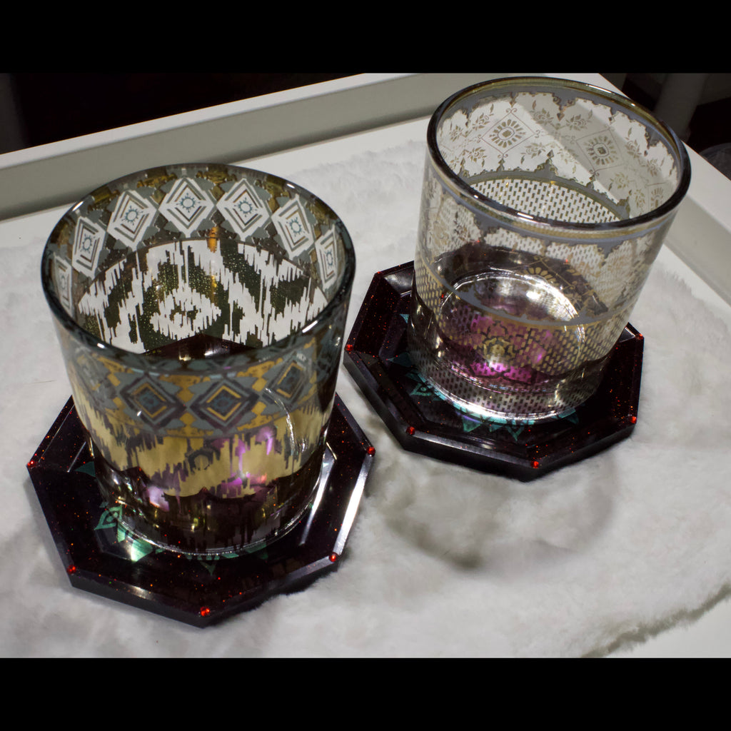 Dark Red Glitter Lotus Mandala Resin Coasters – Set of 4