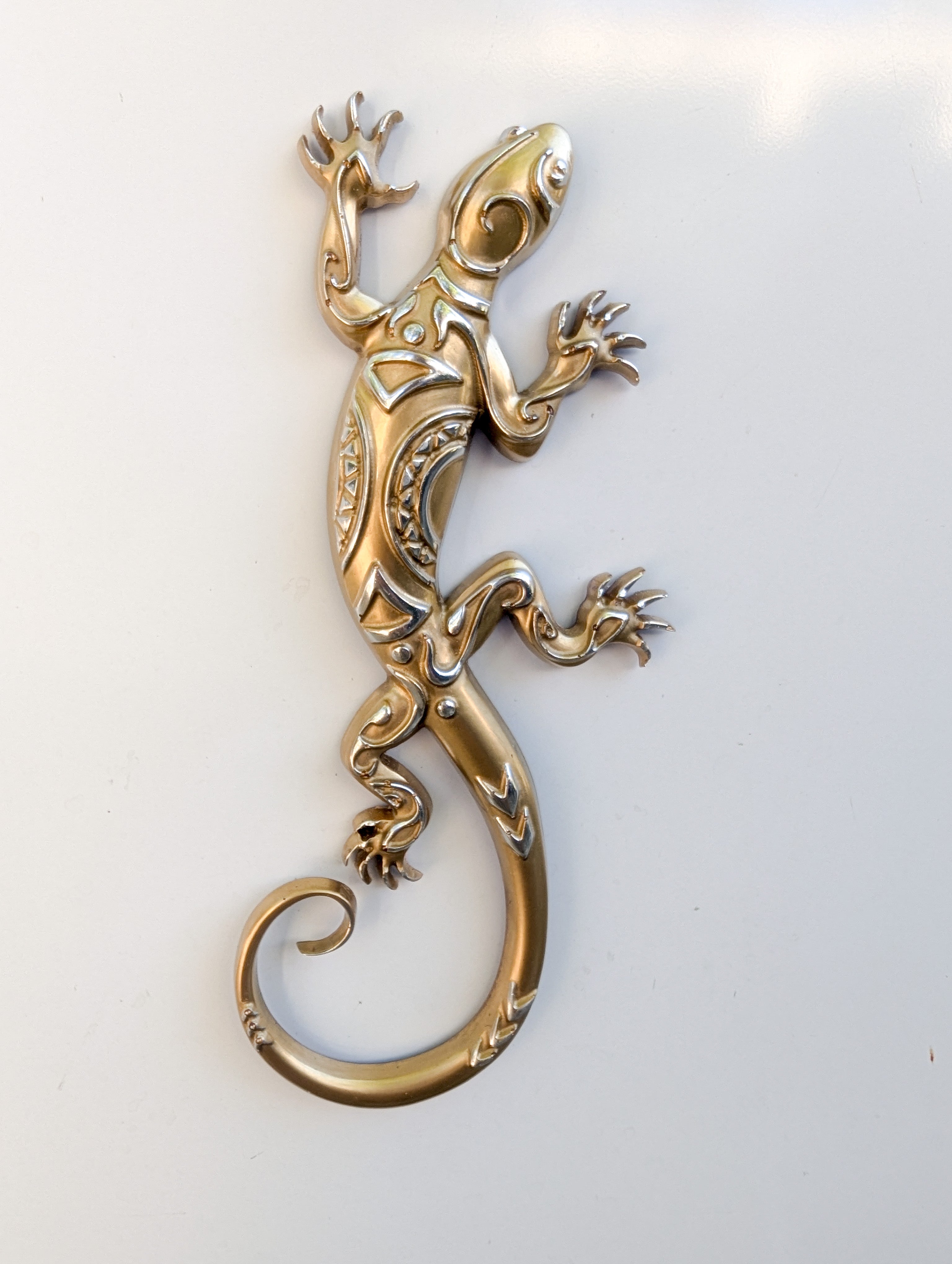 Gold and bronze tribal resin gecko handcrafted wall art sculpture with mandala detailing