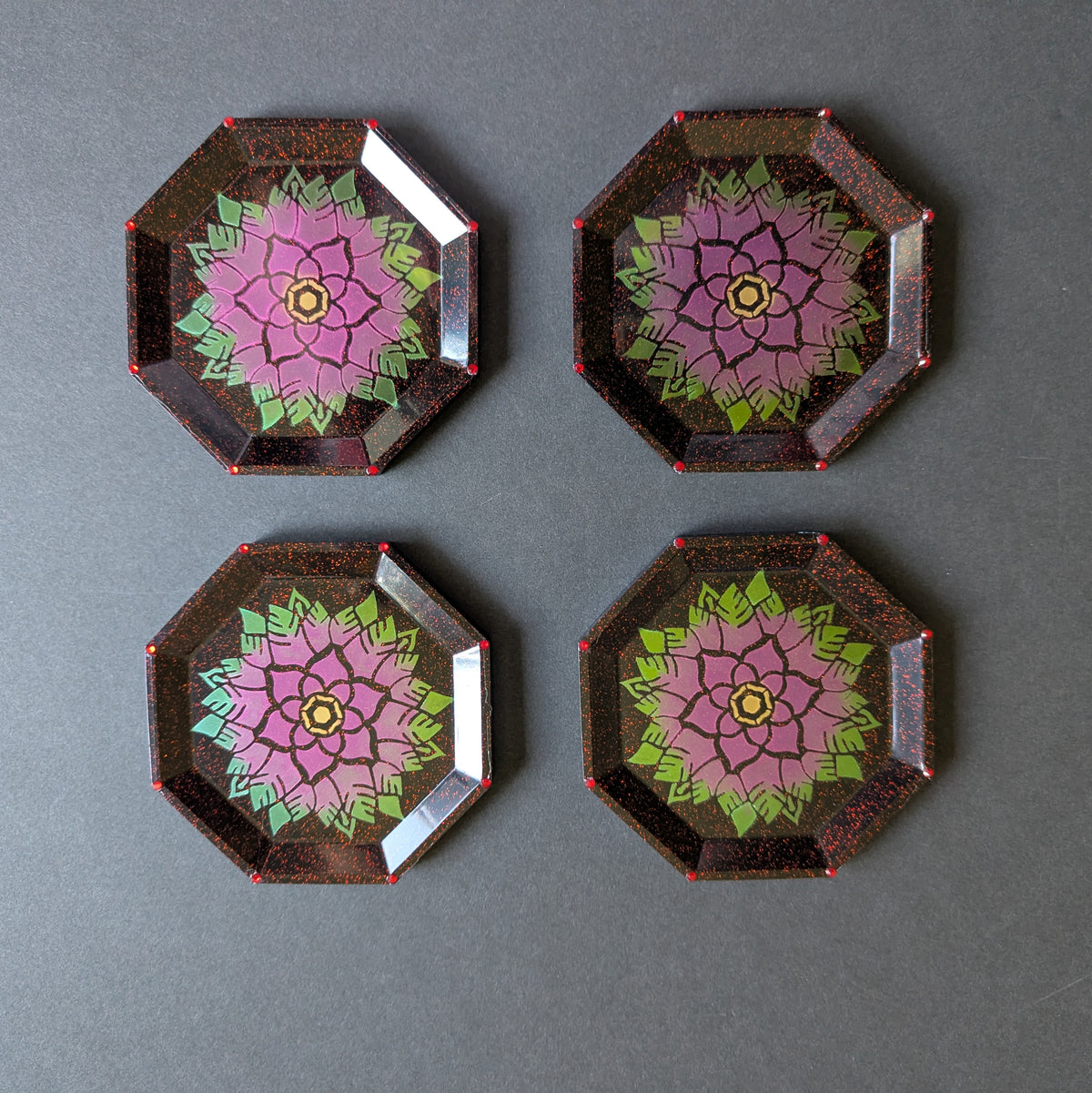 Dark Red Glitter Lotus Mandala Resin Coasters – Set of 4