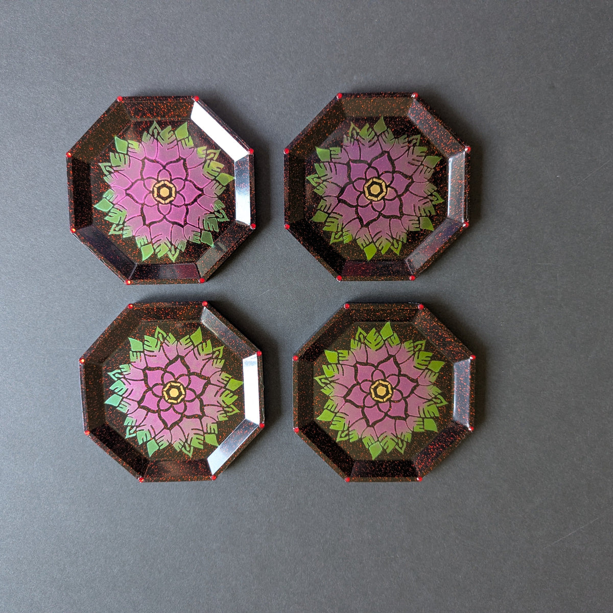 Dark Red Glitter Lotus Mandala Resin Coasters – Set of 4