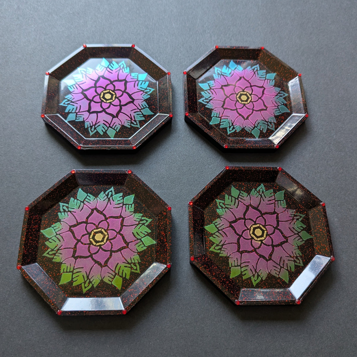 Dark Red Glitter Lotus Mandala Resin Coasters – Set of 4