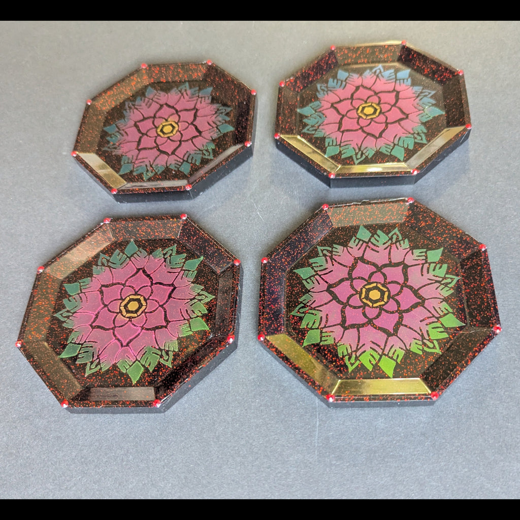 Dark Red Glitter Lotus Mandala Resin Coasters – Set of 4