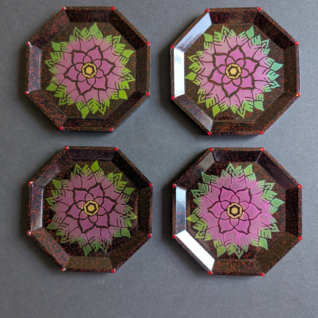 Dark Red Glitter Lotus Mandala Resin Coasters – Set of 4