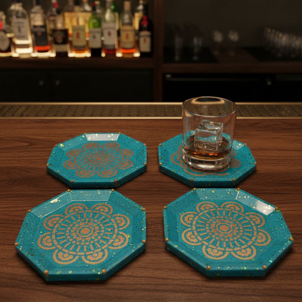 Aqua Teal Glitter Gold Mandala Resin Coasters – Set of 4