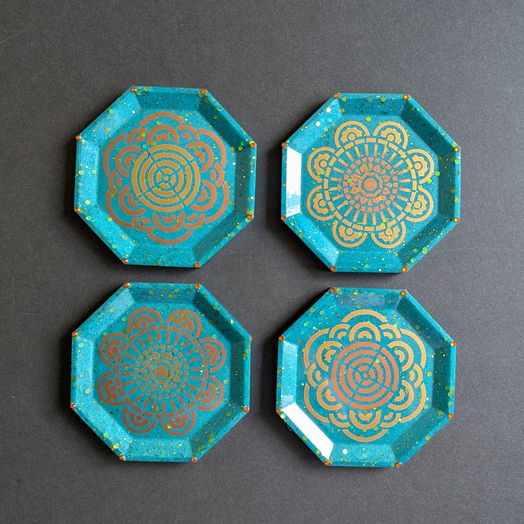 Aqua Teal Glitter Gold Mandala Resin Coasters – Set of 4