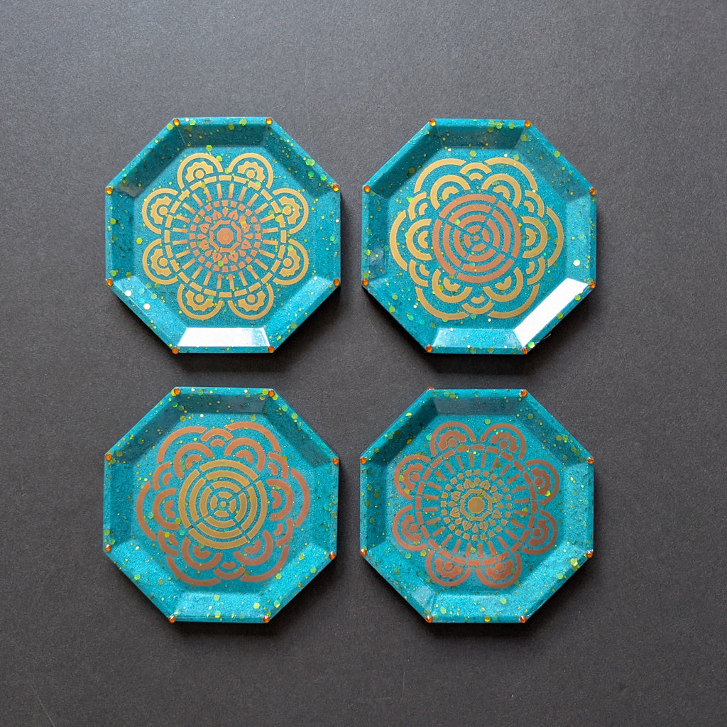 Aqua Teal Glitter Gold Mandala Resin Coasters – Set of 4