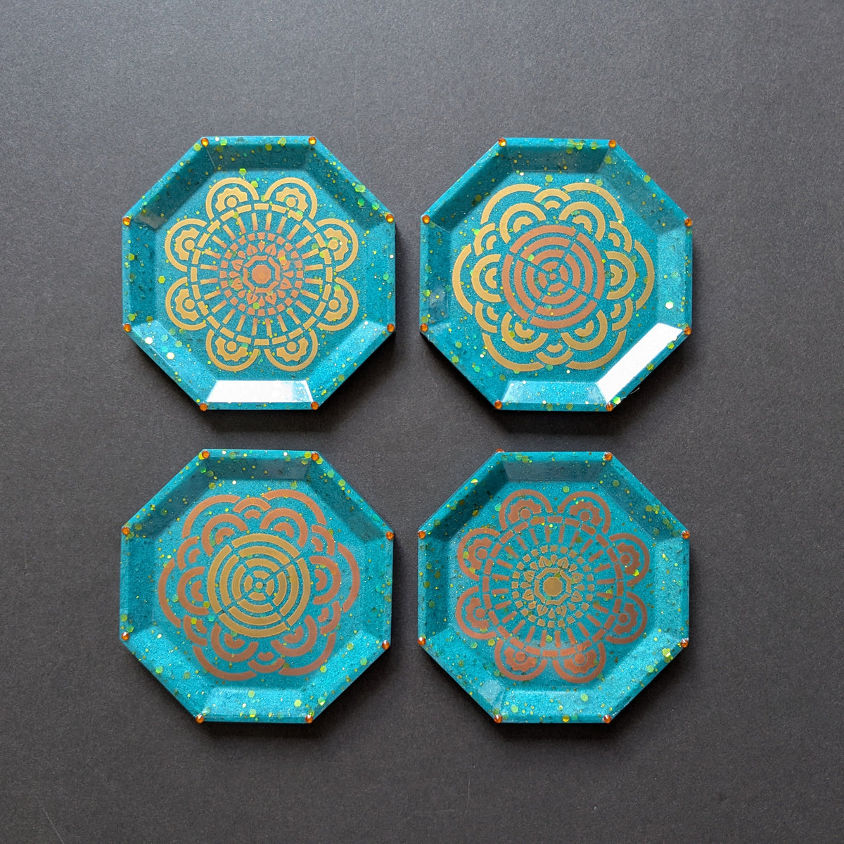 Aqua Teal Glitter Gold Mandala Resin Coasters – Set of 4