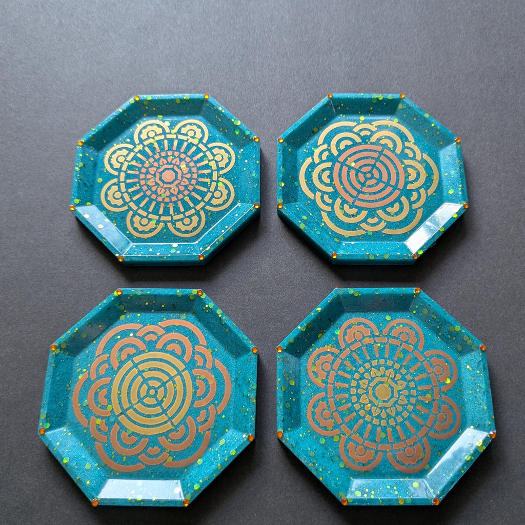 Aqua Teal Glitter Gold Mandala Resin Coasters – Set of 4