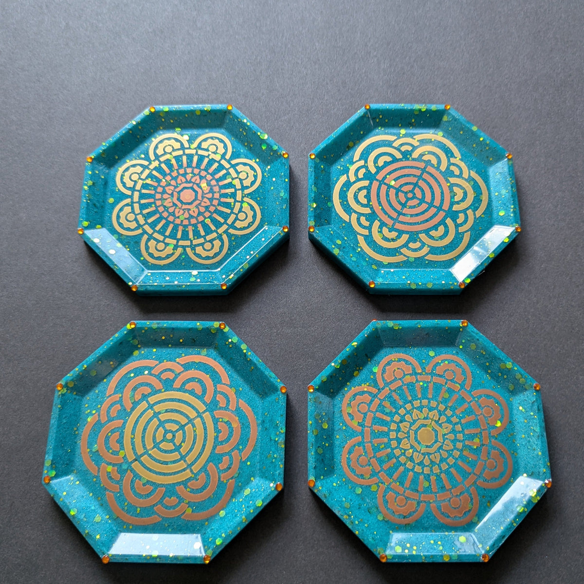 Aqua Teal Glitter Gold Mandala Resin Coasters – Set of 4