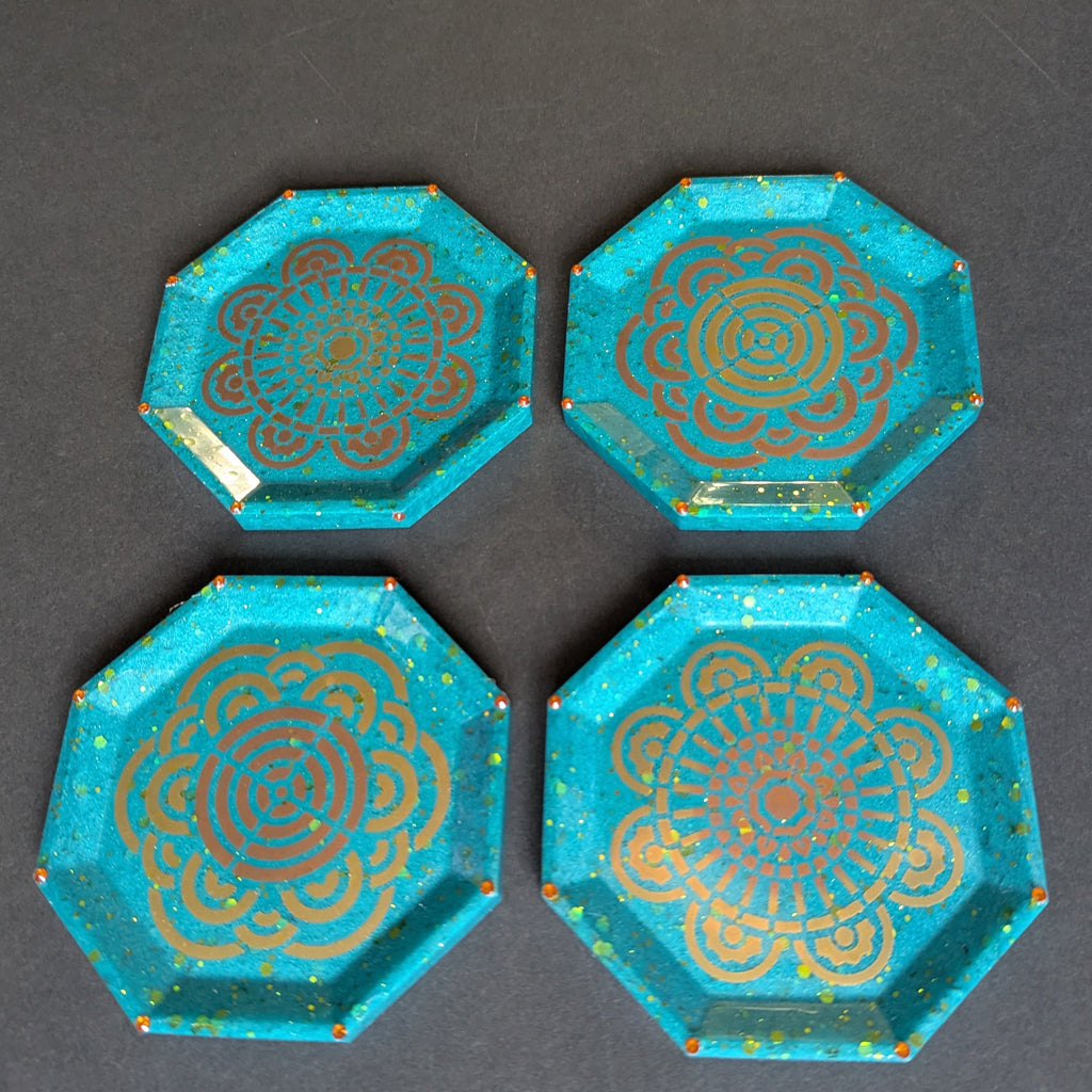 Aqua Teal Glitter Gold Mandala Resin Coasters – Set of 4