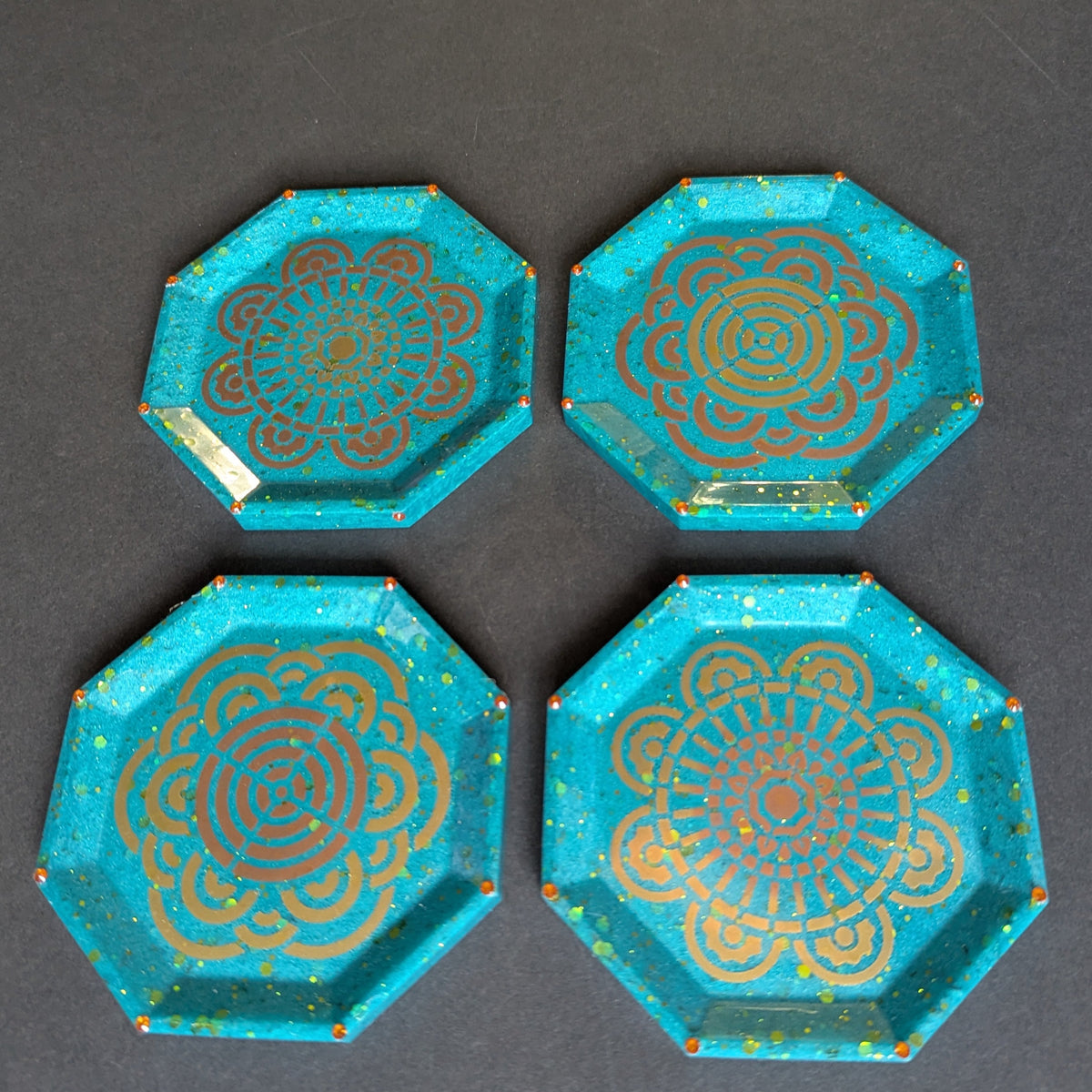 Aqua Teal Glitter Gold Mandala Resin Coasters – Set of 4