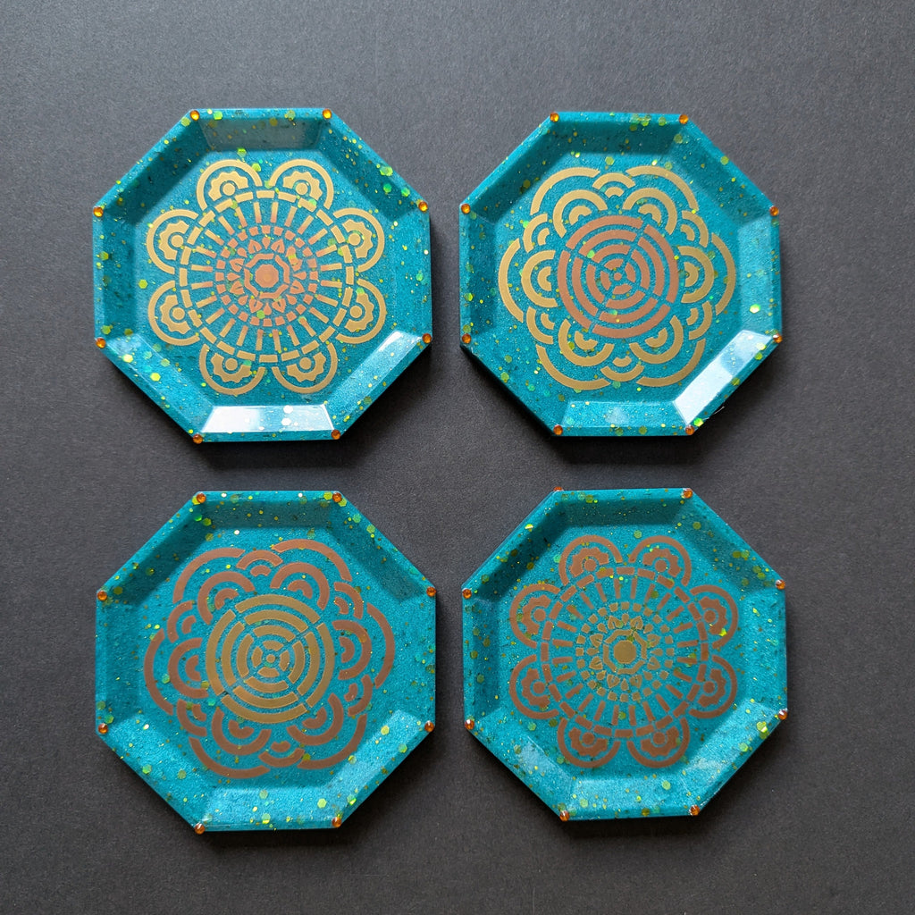 Aqua Teal Glitter Gold Mandala Resin Coasters – Set of 4