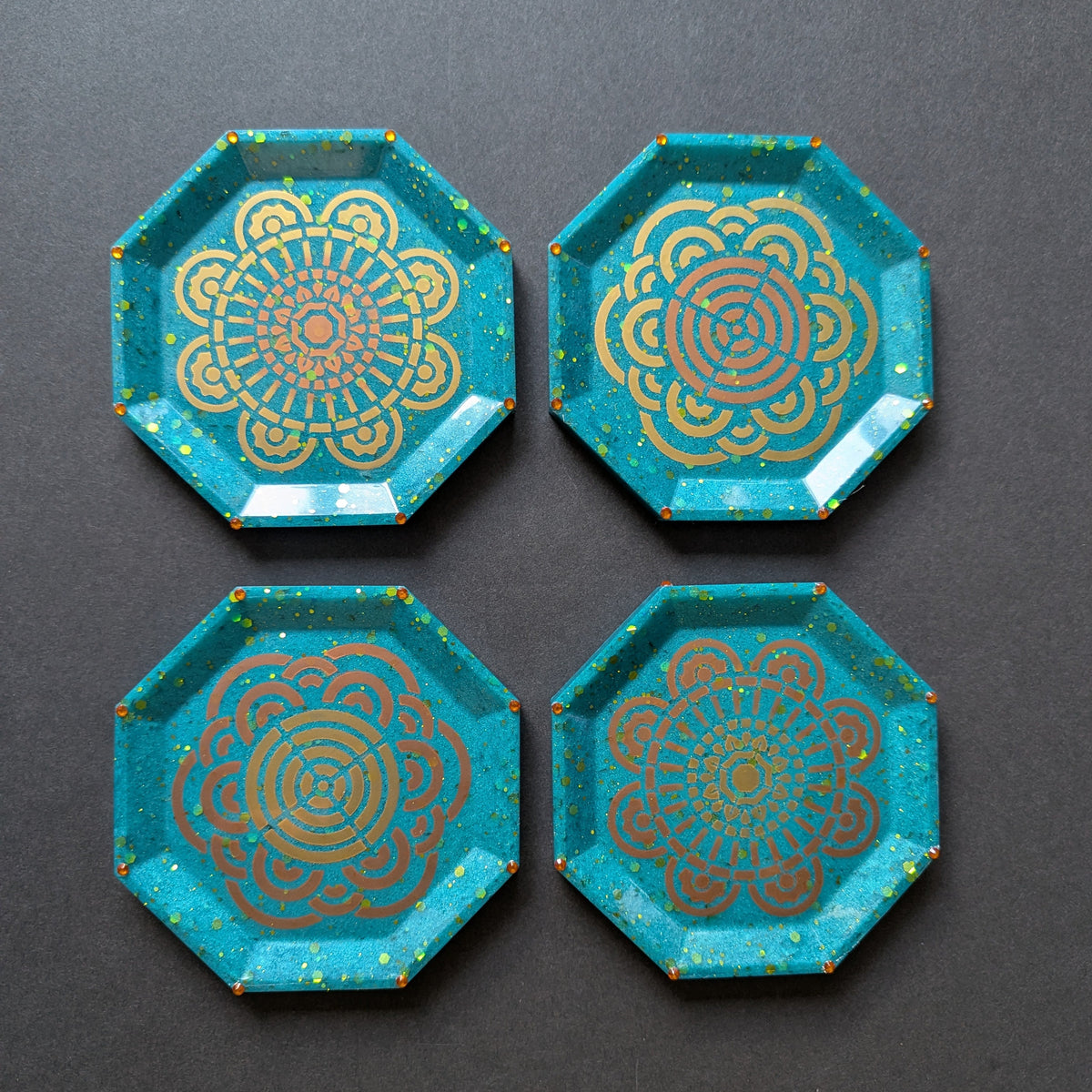 Aqua Teal Glitter Gold Mandala Resin Coasters – Set of 4