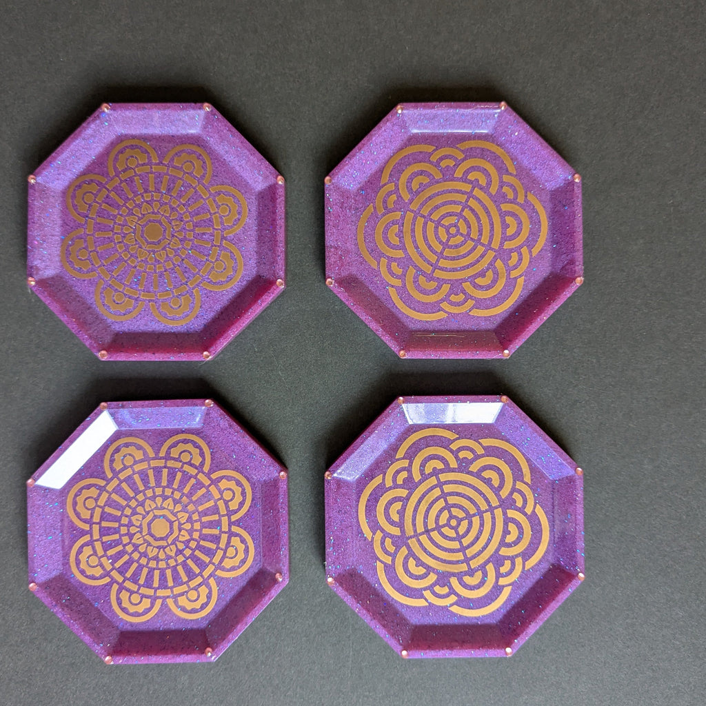 Purple Gold Mandala Resin Coasters – Set of 4