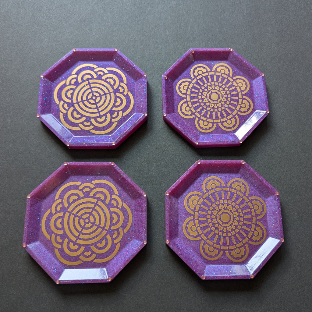 Purple Gold Mandala Resin Coasters – Set of 4