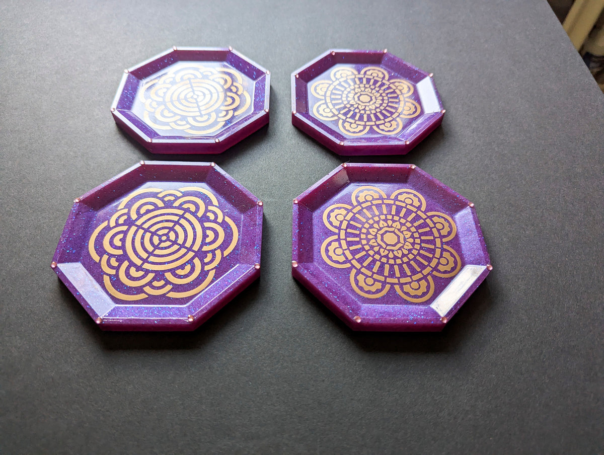 Purple Gold Mandala Resin Coasters – Set of 4