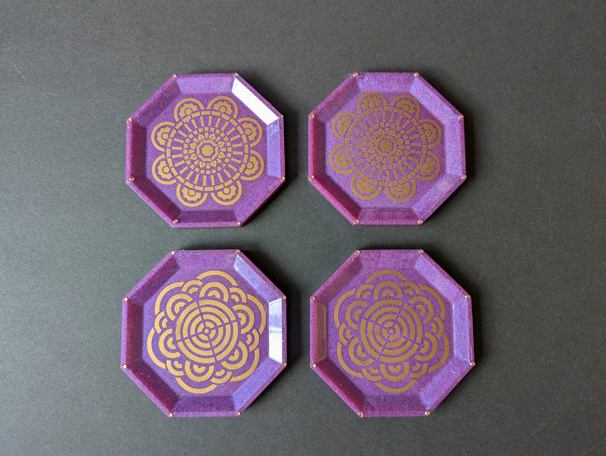 Purple Gold Mandala Resin Coasters – Set of 4