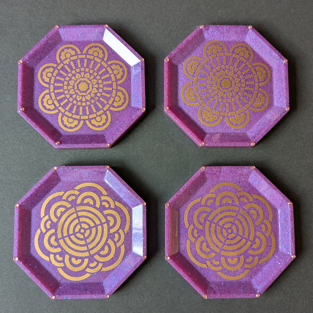 Purple Gold Mandala Resin Coasters – Set of 4