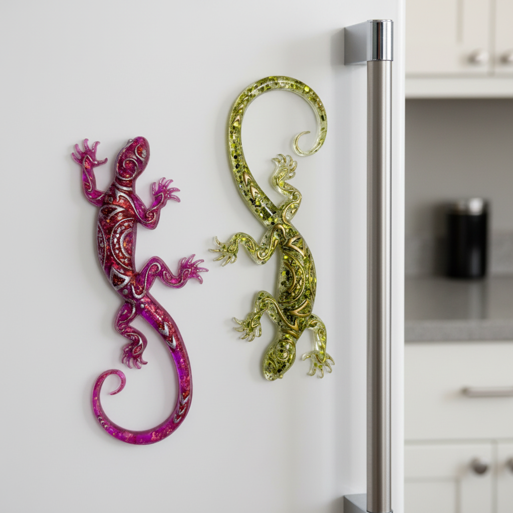 Handmade Resin Salamander Magnet — Emerald Green and Pinky Couple