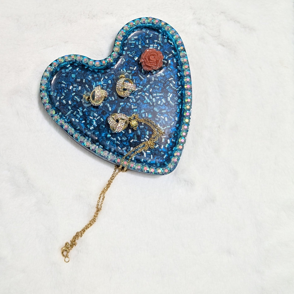 Ocean Blue Glitter Rose Heart Resin Tray — Handcrafted Jewelry Organizer