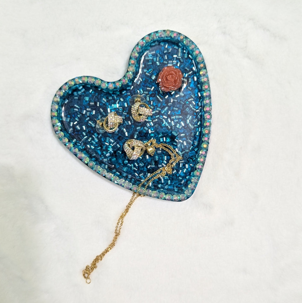 Ocean Blue Glitter Rose Heart Resin Tray — Handcrafted Jewelry Organizer