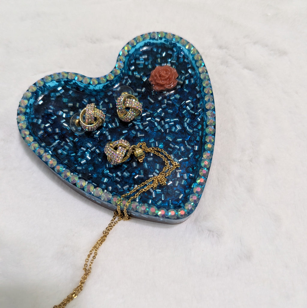 Ocean Blue Glitter Rose Heart Resin Tray — Handcrafted Jewelry Organizer