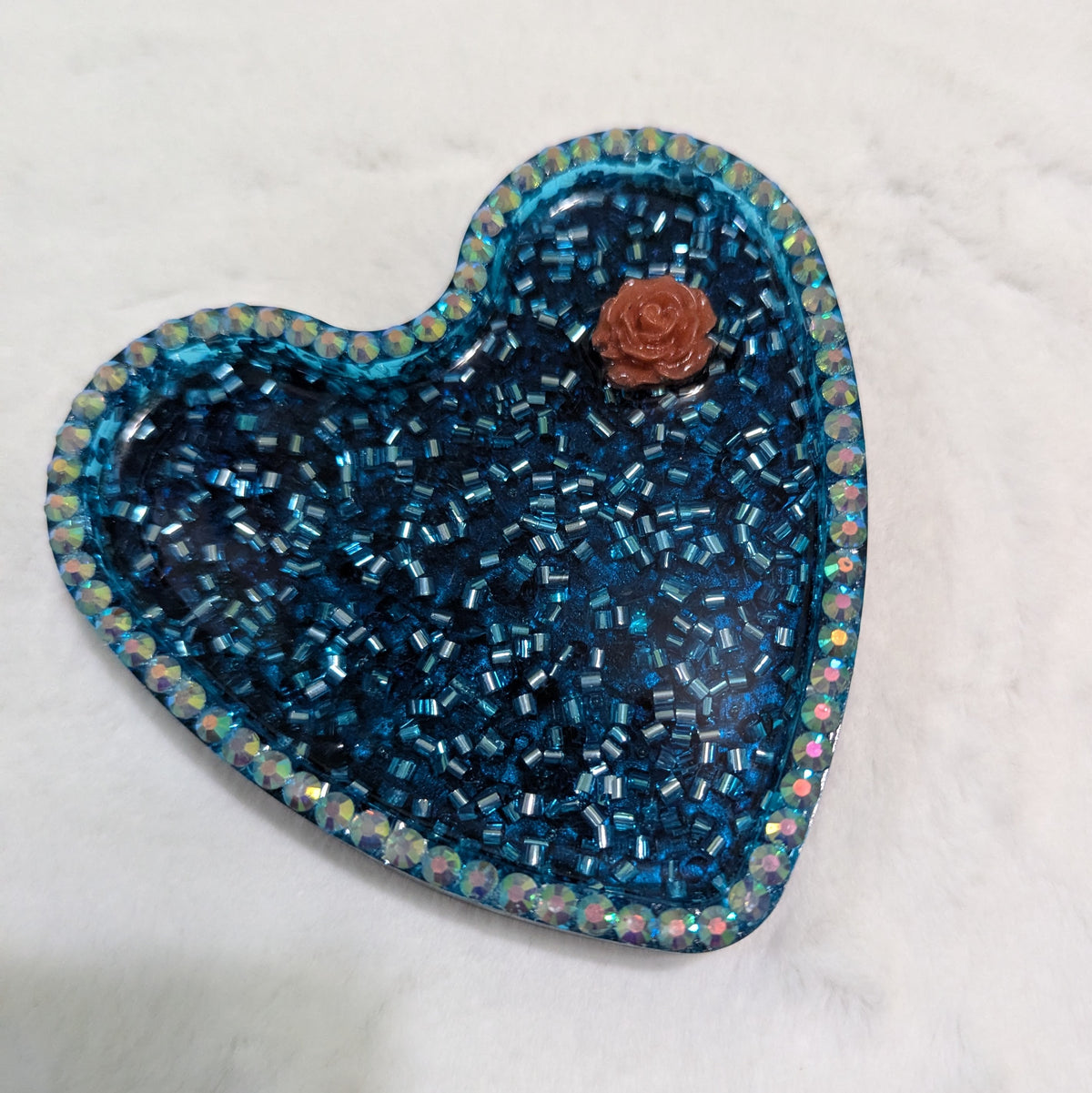 Ocean Blue Glitter Rose Heart Resin Tray — Handcrafted Jewelry Organizer