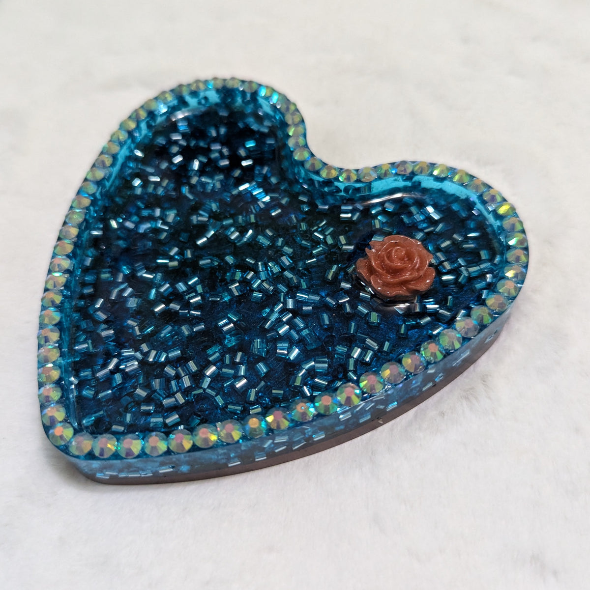 Ocean Blue Glitter Rose Heart Resin Tray — Handcrafted Jewelry Organizer