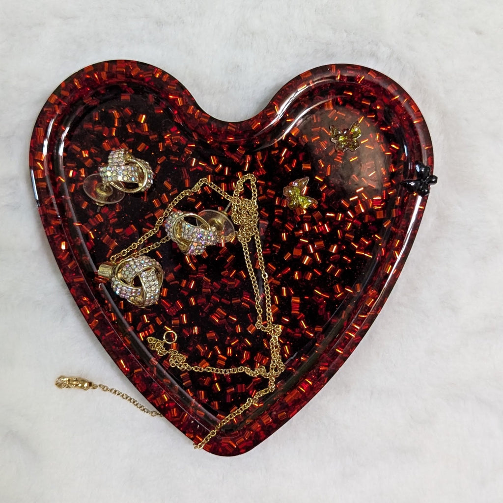 Red Glitter Heart Resin Tray — Unique Handmade Resin Tray