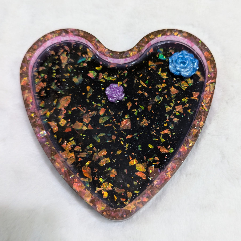Midnight Galaxy Rose Heart Resin Tray — Handcrafted Jewelry Organizer