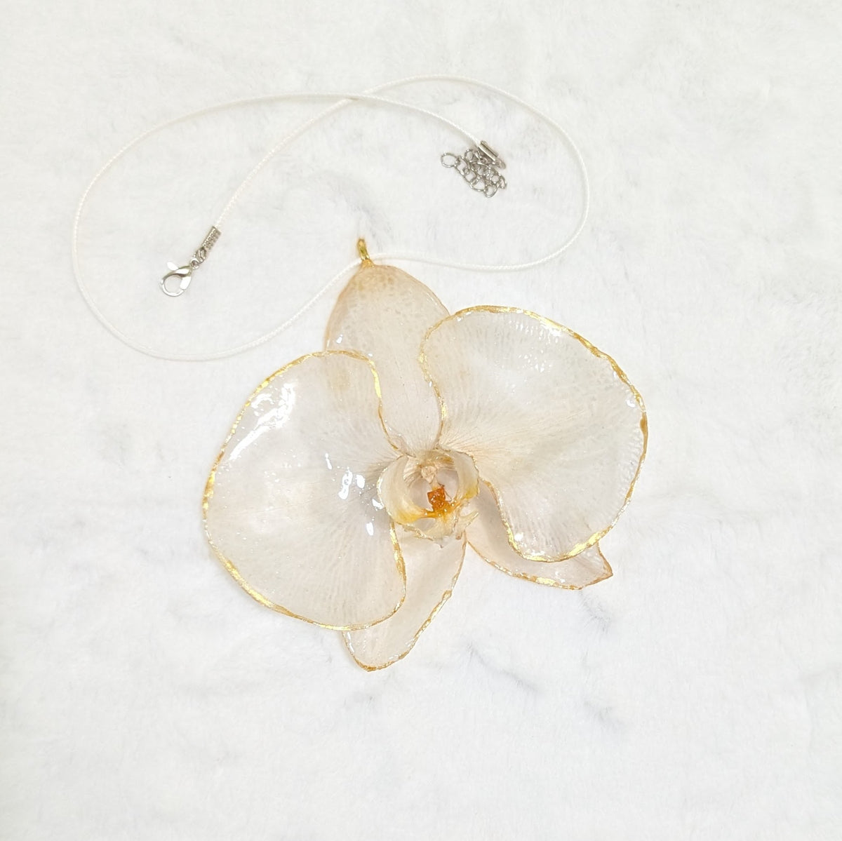 Unique White Orchid Resin Necklace — Real Flower Pendant