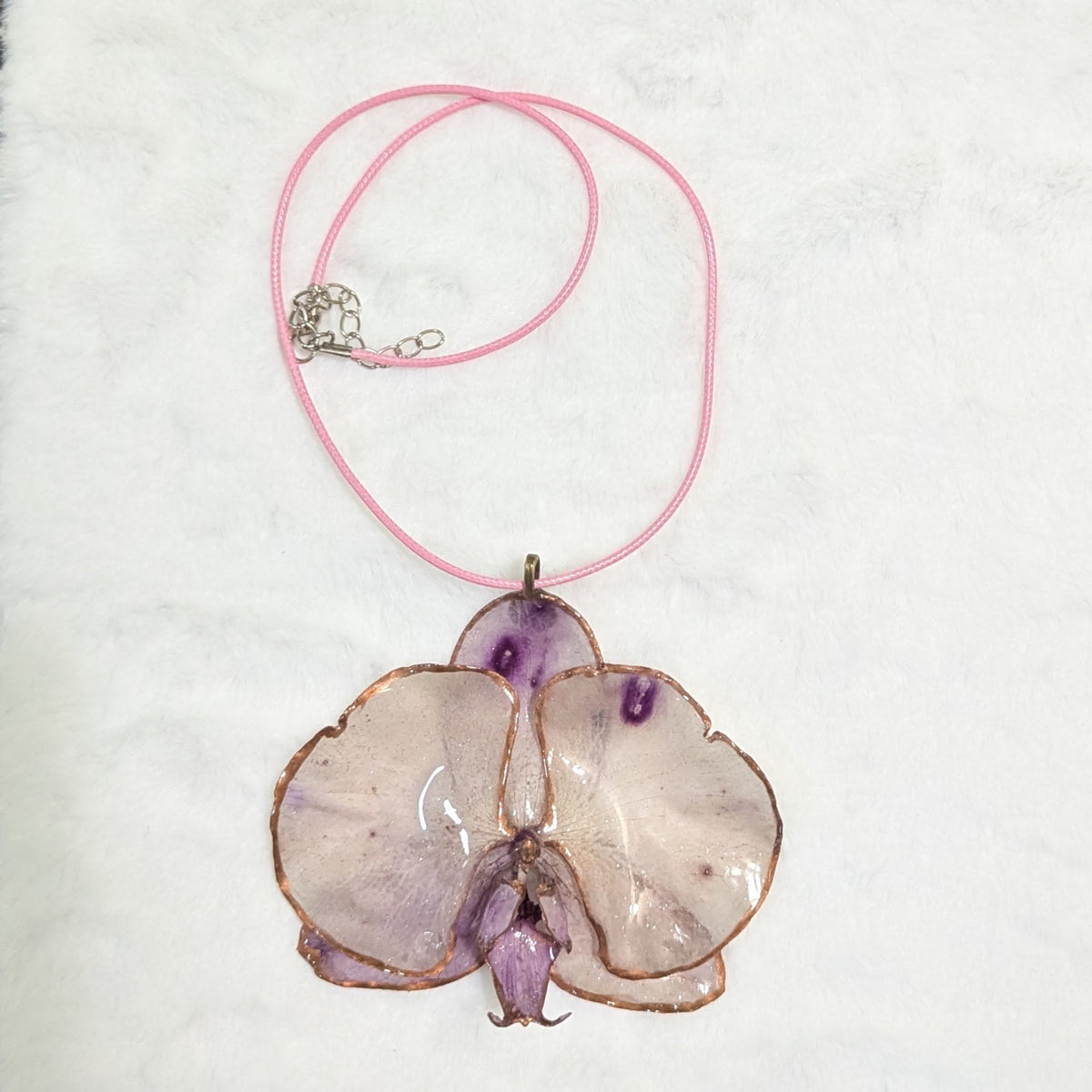 Unique Orchid Flower Resin Pendant Necklace – Copper-Edged Botanical Jewelry