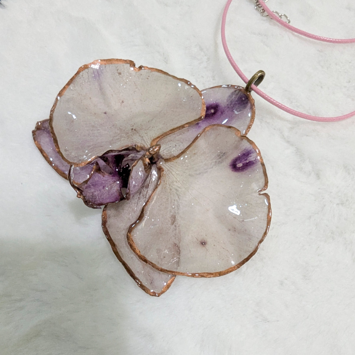 Unique Orchid Flower Resin Pendant Necklace – Copper-Edged Botanical Jewelry