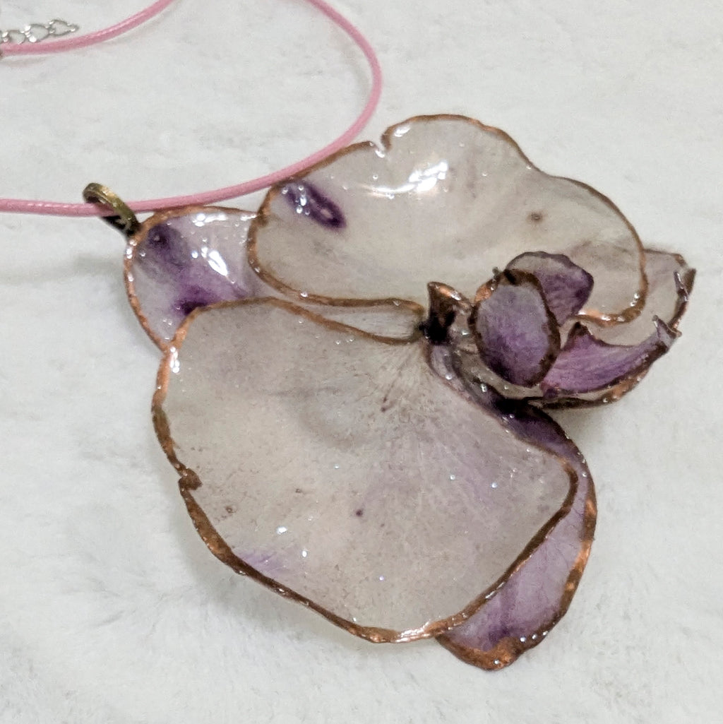 Unique Orchid Flower Resin Pendant Necklace – Copper-Edged Botanical Jewelry