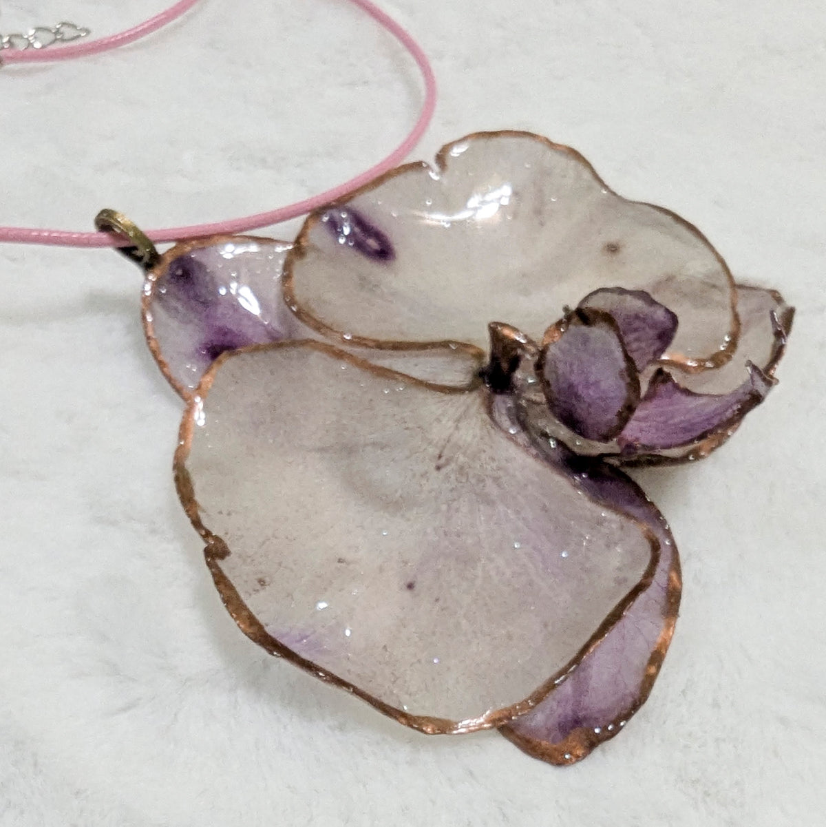 Unique Orchid Flower Resin Pendant Necklace – Copper-Edged Botanical Jewelry