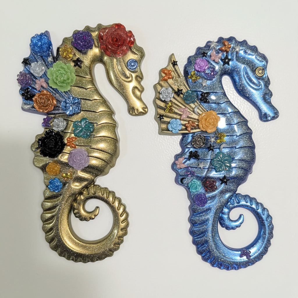Unique Floral Seahorse Couple — Handmade Resin Magnet