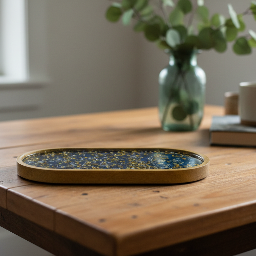 Royal blue resin tray on rustic wooden table with eucalyptus